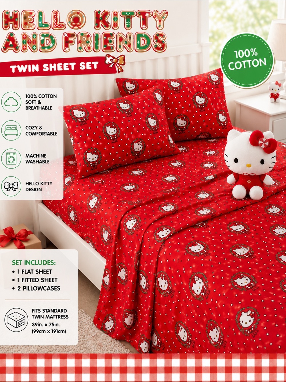 Hello Kitty & Friends Christmas Twin Sheet Set 100% Cotton Red Holiday Bedding